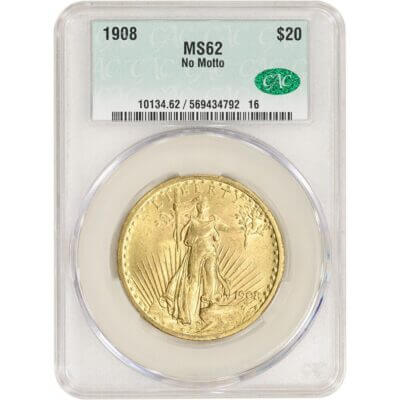 US Gold $20 Saint-Gaudens Double Eagle - CAC MS62 - 1908 No Motto