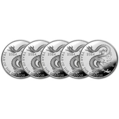 FIVE (5) 1 oz Highland Mint Silver Round Lunar Year of the Dragon .999 Fine