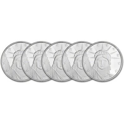 FIVE 1 oz. SilverTowne Silver Round - Lady Liberty Design - 999 Fine