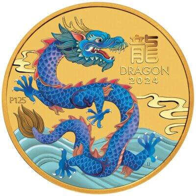 2024 P Australia Gold Colorized Lunar Year of the Dragon 1/20 oz $5 - BU
