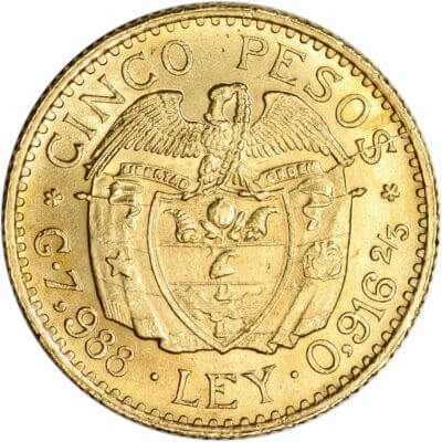 Colombia Gold 5 Pesos .2355 oz - AU/BU - 1924 - 1930 - Bolivar Small Head