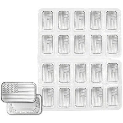 TWENTY 1 oz. SilverTowne Silver Bar - American Flag Design - 999 Fine