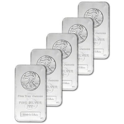 FIVE (5) 5 oz. Highland Mint Silver Bar - Walking Liberty Design .999+ Fine