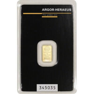 1 gram Gold Bar - Argor Heraeus - 999.9 Fine in Assay