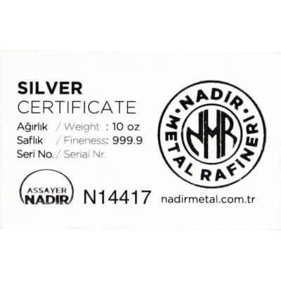 10 oz. Nadir Metal Rafineri Refinery Silver Bar - 999.9 Fine