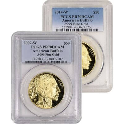 American Gold Buffalo Coin Proof 1 oz $50 - PCGS PR70 Random Date and Label