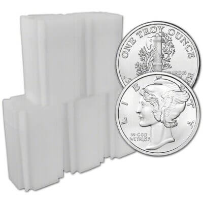 100-pc 1 oz Silver Round CNT Mercury Dime Design .999 Fine 5 Tubes of 20