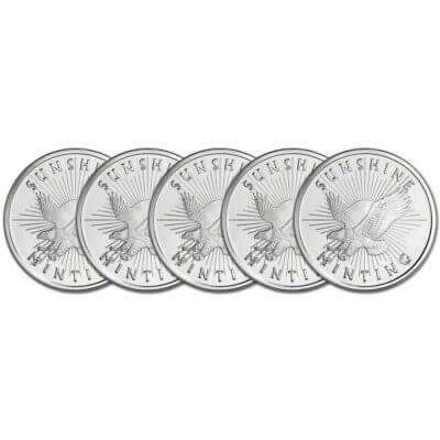 FIVE (5) 1 oz. Silver Round - Sunshine Minting - .999 Fine
