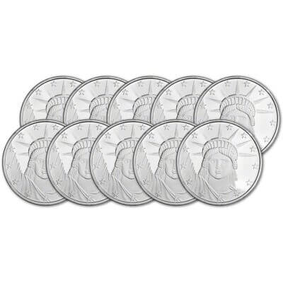 TEN 1 oz. SilverTowne Silver Round - Lady Liberty Design - 999 Fine