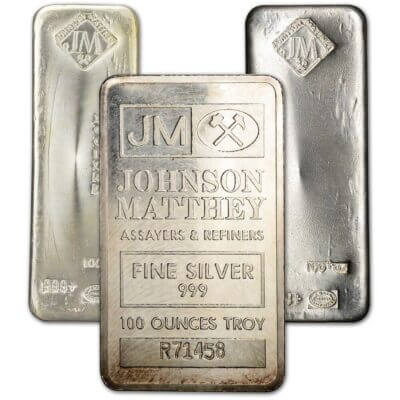 100 oz JM Silver Bar - Johnson Matthey .999 Fine Random Design