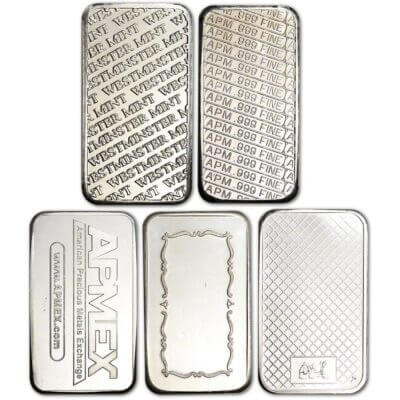 5 oz Silver Bar - Random Brand Secondary Market .999 Fine - FIVE 5 Bars