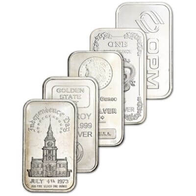 1 oz Silver Bar - Random Brand Secondary Market .999 Fine - FIVE (5) Bars