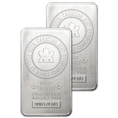 Two (2) 10 oz. RCM Silver Bar - Royal Canadian Mint .9999 Fine