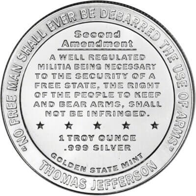 FIVE (5) 1 oz. Golden State Mint Silver Round 2nd Amendment .999 Fine