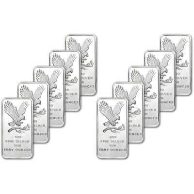TEN 10 oz. SilverTowne Silver Bar - Bald Eagle Design - 999 Fine