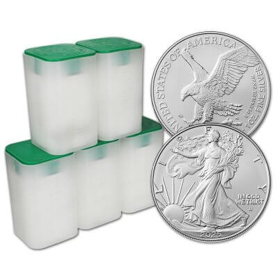 2025 American Silver Eagle 1 oz $1 5 Rolls 100 BU Coins in 5 Mint Tubes