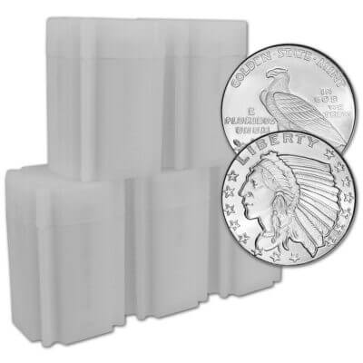 1/2 oz Golden State Mint Silver Round Incuse Indian .999 Fine 5 Tubes of 20