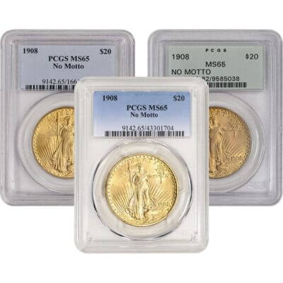 US Gold $20 Saint-Gaudens Double Eagle PCGS MS65 1908 No Motto Random Label
