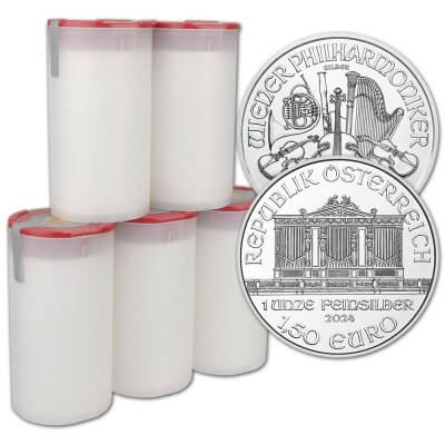2024 Austria Silver Philharmonic 1 oz 1.5 Euro 5 Rolls 100 Coins in 5 Mint Tubes