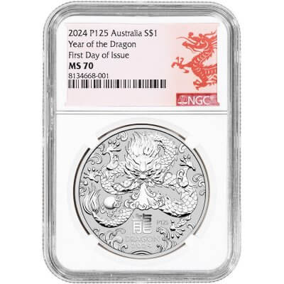 2024 P Australia Silver Lunar Series III Year Dragon 1 oz $1 NGC MS70 First Day