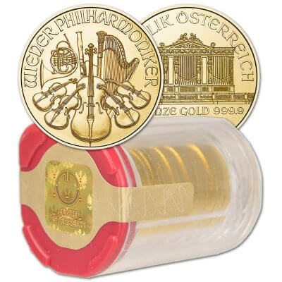 2024 Austria Gold Philharmonic 1/10 oz 10 Euro - 1 Roll 20 BU Coins in Mint Tube