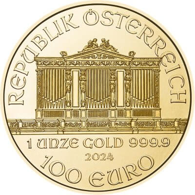 2024 Austria Gold Philharmonic 1 oz 100 Euro - 1 Roll 10 BU Coins in Mint Tube