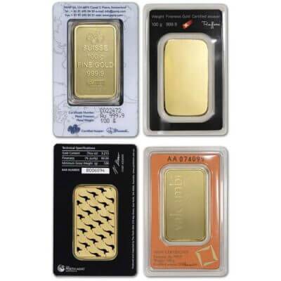 100 gram Gold Bar - Random Brand Secondary Market - 999.9 Fine in Assay