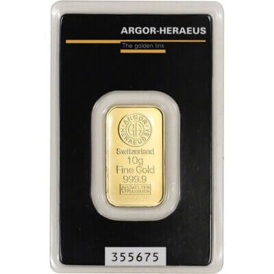10 gram Gold Bar - Argor Heraeus - 999.9 Fine in Assay