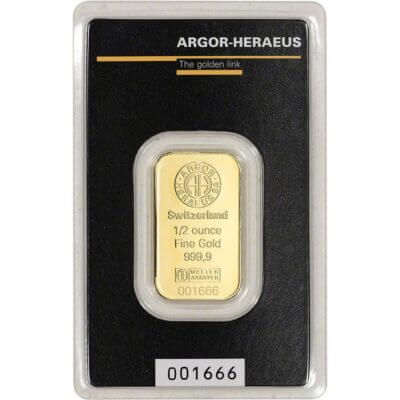 1/2 oz Gold Bar - Argor Heraeus - 999.9 Fine in Assay