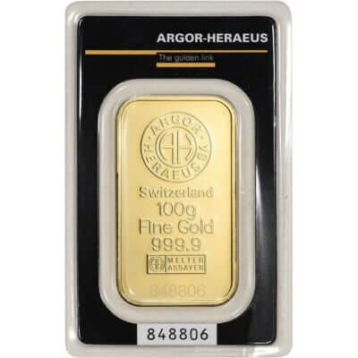 100 gram Gold Bar - Argor Heraeus - 999.9 Fine in Assay