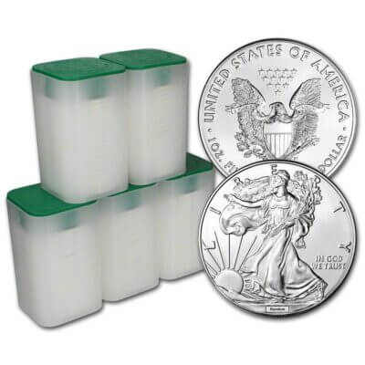 Random Date American Silver Eagle 1 oz $1 - 5 Rolls 100 BU Coins in 5 Mint Tubes