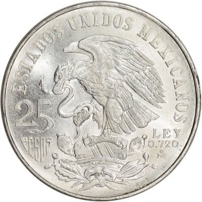 1968 25 Peso Mexican Olympic Silver Coin - Avg Circ