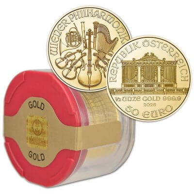 2026 Austria Gold Philharmonic 1/2 oz 50 Euro - 1 Roll 10 BU Coins in Mint Tube