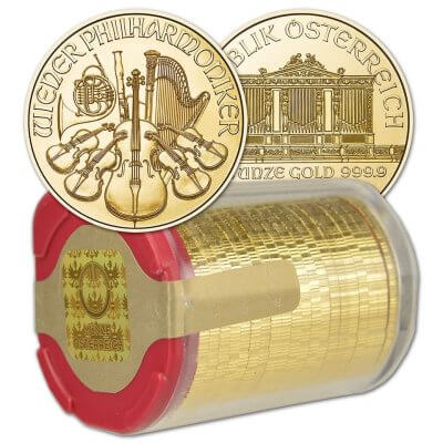 2026 Austria Gold Philharmonic 1/4 oz 25 Euro - 1 Roll 20 BU Coins in Mint Tube