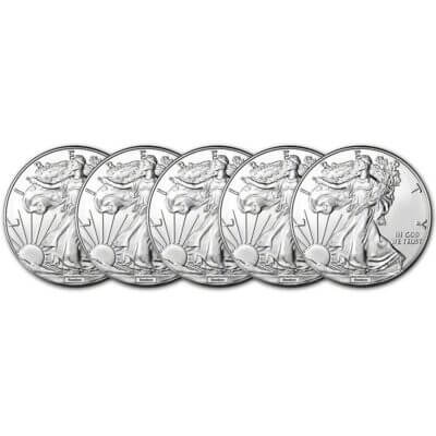 Random Date American Silver Eagle (1 oz) $1 - BU - Five 5 Coins