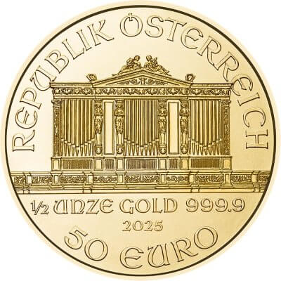 2025 Austria Gold Philharmonic 1/2 oz 50 Euro - 1 Roll 10 BU Coins in Mint Tube