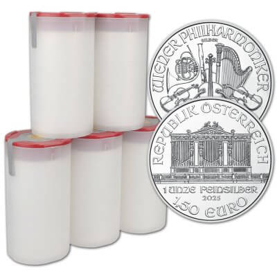 2025 Austria Silver Philharmonic 1 oz 1.5 Euro 5 Rolls 100 Coins in 5 Mint Tubes