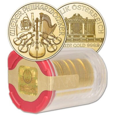 2025 Austria Gold Philharmonic 1/10 oz 10 Euro - 1 Roll 20 BU Coins in Mint Tube