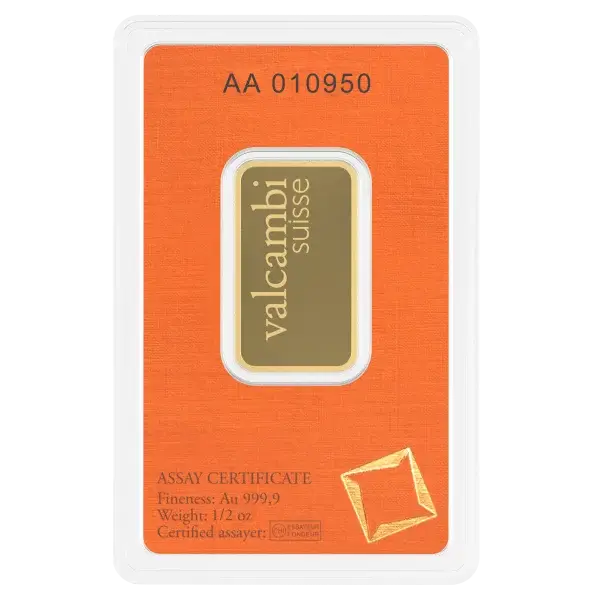 0.5 oz (1/2 oz) Gold Bar - Valcambi Suisse - 999.9 Fine in Assay