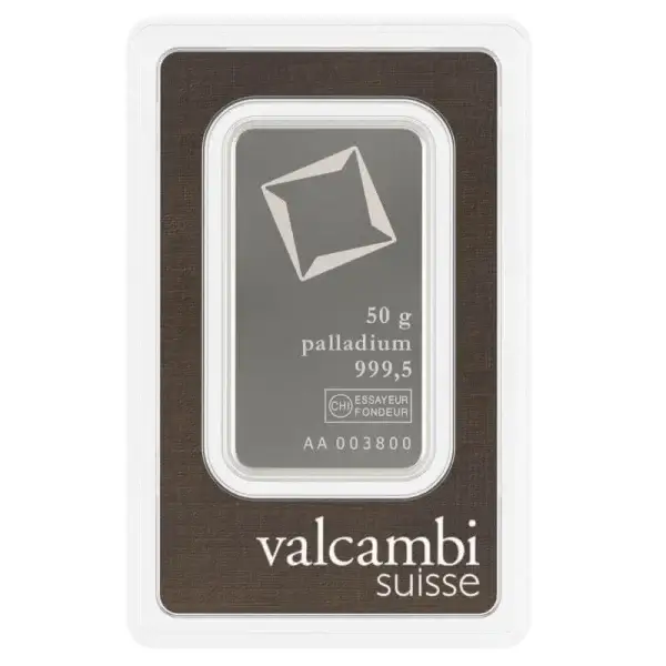 50 gram Palladium Bar - Valcambi Suisse - 999.5 Fine in Sealed Assay