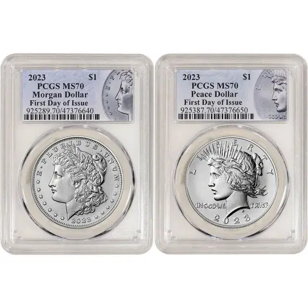 2023 US Two Coin Morgan and Peace Silver Dollar Set PCGS MS70 First Day Issue