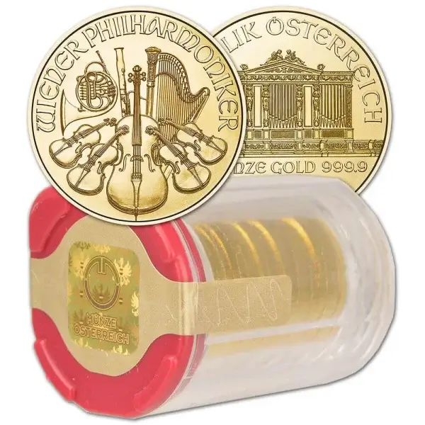 2024 Austria Gold Philharmonic 1/10 oz 10 Euro - 1 Roll 20 BU Coins in Mint Tube