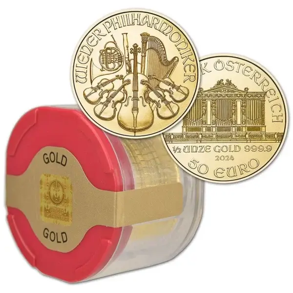 2024 Austria Gold Philharmonic 1/2 oz 50 Euro - 1 Roll 10 BU Coins in Mint Tube