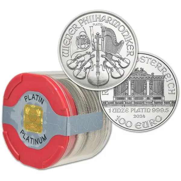 2024 Austria Platinum Philharmonic 1 oz 100 Euro 1 Roll 10 BU Coins in Mint Tube