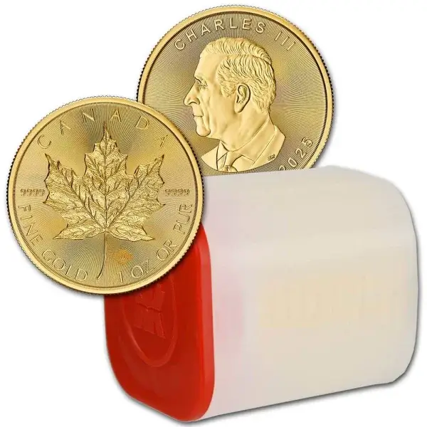 2025 Canada Gold Maple Leaf 1 oz $50 - BU - 1 Roll Ten 10 Coins in Mint Tube