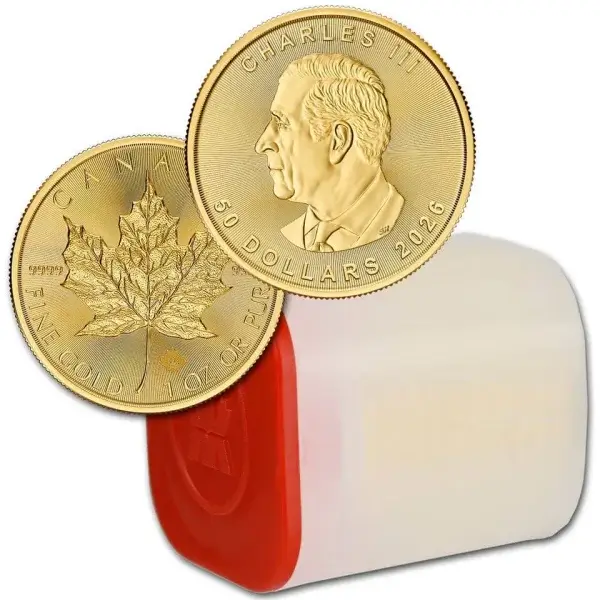 2026 Canada Gold Maple Leaf 1 oz $50 - BU - 1 Roll Ten 10 Coins in Mint Tube