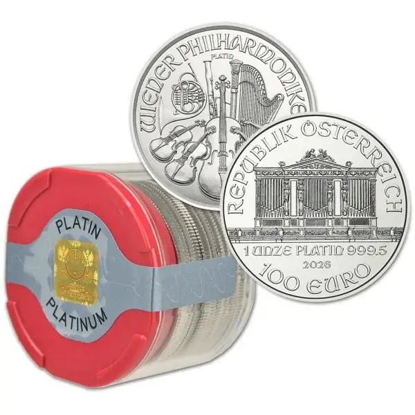 2026 Austria Platinum Philharmonic 1 oz 100 Euro 1 Roll 10 BU Coins in Mint Tube