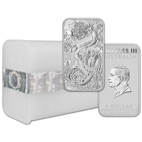 2024 P Australia Silver Dragon Rectangle Coin Bar 1 oz $1  20 Coins in Mint Tube