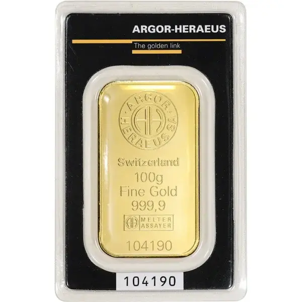 100 gram Gold Bar - Argor Heraeus Kinebar Hologram - 999.9 Fine in Assay