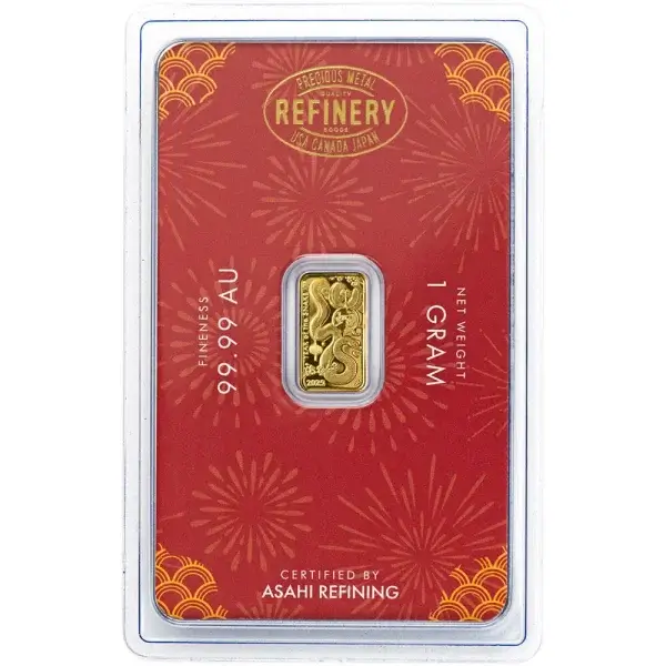 1 gram Gold Bar Asahi Refining Lunar Snake .9999 Fine in Sealed Assay